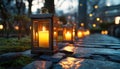 Discover a path illuminated by luminaries, guiding light during a mourning farewell, symbolizing hope and remembrance Explore the Royalty Free Stock Photo