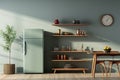 Contemporary Chic: Modern Kitchen with White-Green Shelf and Refrigerator. Generative AI