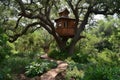 Discover a serene and secluded hideaway amidst the lush greenery of a dense forest, where a charming tree house awaits you, A Royalty Free Stock Photo