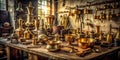 Discover a Stunning Collection of Antique Brass Tools and Polished Metalware in a Vintage Workshop Setting Explore Royalty Free Stock Photo