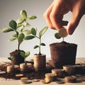 Investment to green business. Hand putting coin to money tree.