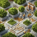 3d isometric city landscape with buildings, streets and roads.