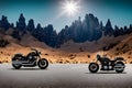 Two Modern Motorcycles Parked on a Street in a Mountainous and Desert Landscape. AI generated