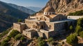 Discover a traditional Greek Orthodox monastery, dramatically perched on the edge of a cliff. With its Byzantine-inspired Royalty Free Stock Photo