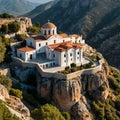 Historic Greek Orthodox Monastery Perched on a Cliff with Iconic Byzantine Design Elements Royalty Free Stock Photo