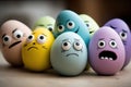 Easter eggs with sad faces on wooden table, shallow depth of field