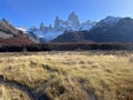 Fitz Roy Majesty: Argentina's Iconic Mountain Peaks, El Chalten, autumn landscape, fields