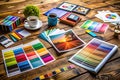 A Spectrum of Print Design Brochures Flyers and More Beautifully Arranged on a Rustic Wooden Table for Inspiration Royalty Free Stock Photo