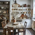 Rustic charm meets farmhouse elegance in an inviting dining area featuring reclaimed wood table and vintage pottery Royalty Free Stock Photo