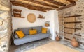 Rustic Mediterranean Living Room with Grey Sofa Good Resolution Stock Photo Royalty Free Stock Photo
