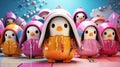 Festive Anime Penguins in Han Dynasty Style - Vibrant Christmas Characters with Temmie Chang-inspired Design Royalty Free Stock Photo