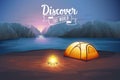 Discover the world poster, night landscape with tent.