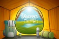 Discover the world poster, view from inside a tent.