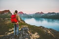 Discoverer tourist man trekking in sunset mountains