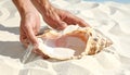 Discovering a Large Conch Shell on a White Sand Beach Royalty Free Stock Photo