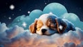 Puppy sleeping on puffy cloud in starry