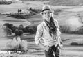 Adventure woman hiker in hat enjoying evening in Tuscany