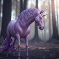 Discovering a Unicorn in the Mystical Woods with light purple aura, generative ai