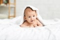 Baby boy crawling on bed peeking out from under covers. Royalty Free Stock Photo