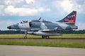 Discovery Air Defence Douglas A-4 Skyhawk fighter jet plane taxiing after landing on Jagel Airbase. Germany - Jun 13, 2019 Royalty Free Stock Photo