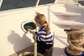 Discovery concept. Little child enjoy sea travel on ship, discovery. New discovery. Launch out on a voyage of discovery