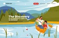 Discovery Landing page concept. Family trekking, river rafting and fishing.