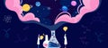 Discovery, science, astronomy vector illustration. Space research study, scientists in lab, space university and