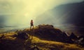 Discovery Travel Destination Concept. Hiker Woman With Backpack Rises To The Mountain Top Against Backdrop Of Sunset Vintage Toned Royalty Free Stock Photo