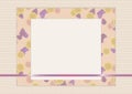 A discreet vector beige greeting card scrapbooking composition of sheets of paper with a thin purple shiny ribbon and a pattern in Royalty Free Stock Photo