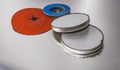 Discs abrasive flap wheels on metallic background. Royalty Free Stock Photo