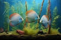 discus fish trio amid fine-leafed aquatic ferns