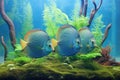 discus fish trio amid fine-leafed aquatic ferns