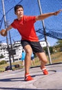 Discus, young man and sportsman throw in competition, championship or training for outdoor field event. Sports, metal Royalty Free Stock Photo