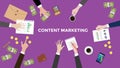 Discuss content marketing concept in a meeting illustration with paperworks, folder document, money and coins on top of