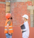 Discuss progress plan. Construction industry concept. Relationships construction client and participant building Royalty Free Stock Photo