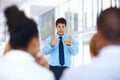 Discussing business plan. Portrait of male speaker giving presentation to his colleagues. Royalty Free Stock Photo