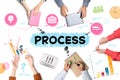 Discussing business process. People and different illustrations on white background, top view