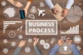 Discussing business process. People and different illustrations on wooden background, top view