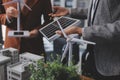 Discussion among businesspeople on the latest developments in solar cell panel technology and Solar Energy Environment city Royalty Free Stock Photo