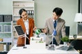 Discussion among businesspeople on the latest developments in solar cell panel technology and Solar Energy Royalty Free Stock Photo
