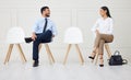 Discussion, chair and business people waiting for interview, job vacancy and opportunity in office. Corporate workplace Royalty Free Stock Photo