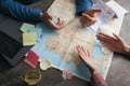 Discussion and controversy planning travel. Couple reserching Europe map. Top view Royalty Free Stock Photo