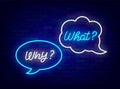 Discussion dialog neon lettering. Speech bubbles with why and what questions. Shiny calligraphy. Vector illustration