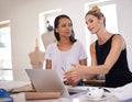 Discussion, fashion designer and business women on laptop for website, online shopping or inventory. Teamwork, creative