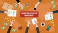 Discussion about marketing operations management on a meeting table illustration with paperworks, money and document