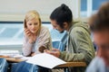 Discussion, university and students in classroom for studying with text book for test or exam. Conversation, writing and Royalty Free Stock Photo