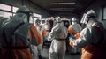 Disease control workers in protective suits and mask. Prevention world epidemic concept