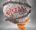 Disease and hardship in life - pictured by word Disease as a heavy weight on shoulders to symbolize Disease as a burden, 3d