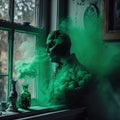 disembodied spirit of a medieval knight in puffs of green smoke on the windowsill