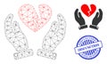 Disfunction Grunge Rubber Imprint and Web Net Broken Heart Care Hands Vector Icon